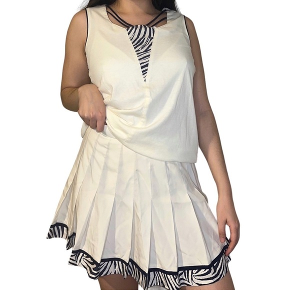 VTG White Zebra Print Pleated Tennis Skirt and Top Two Piece Set Mob Wife‎ - Picture 1 of 16